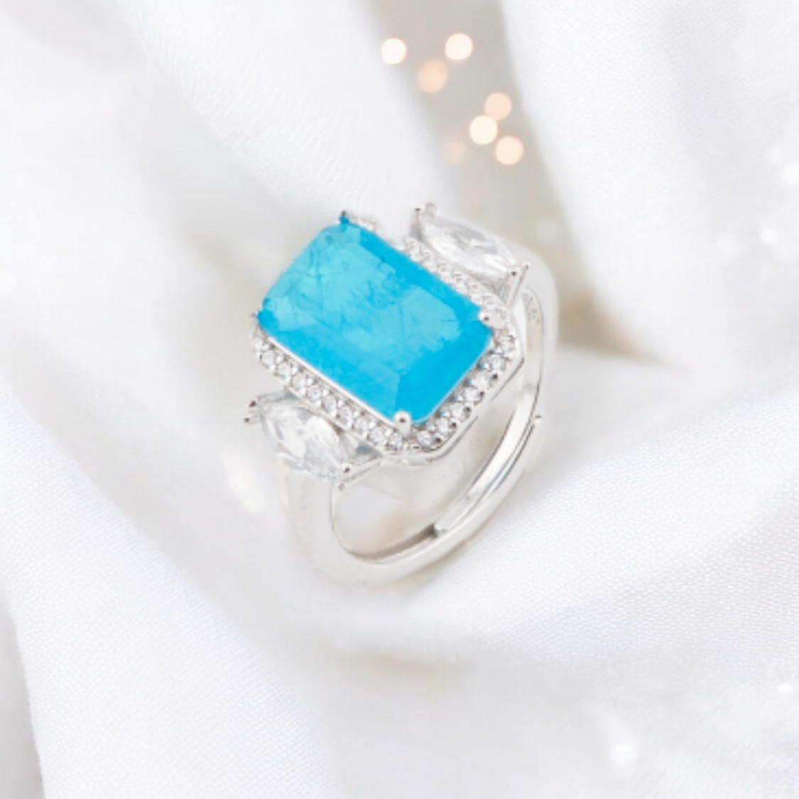 925er Silberring mit Zirkonia und weiteren Steinen, rechteckiger Zirkonia, rhodiniert, blau-RINGE AUS 925 SILBER | Worldofjewel.com