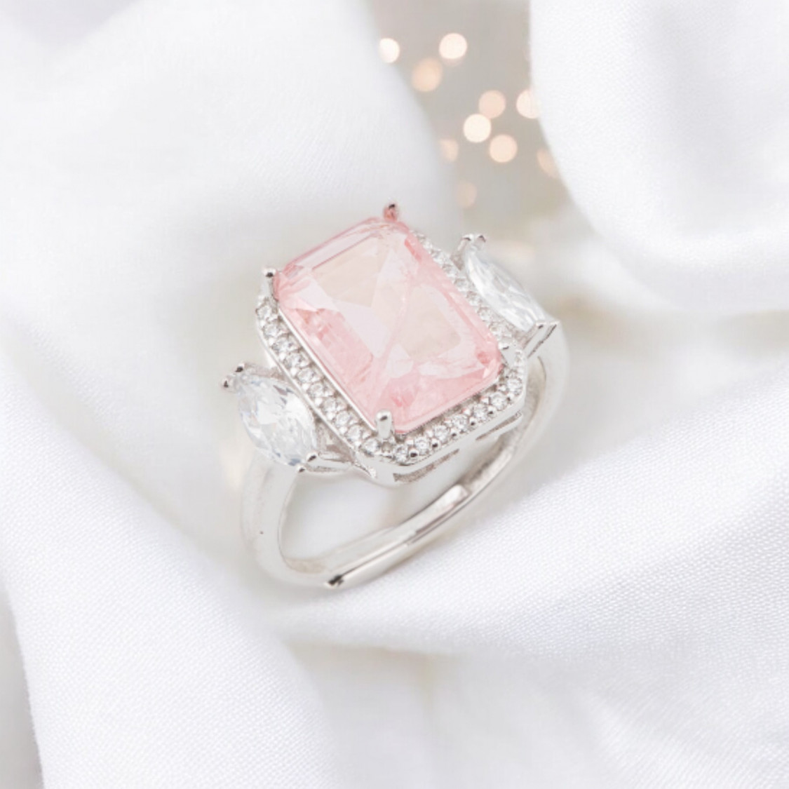 925er Silberring mit Zirkonia und weiteren Steinen, rechteckiger Zirkonia, rhodiniert, rosa-RINGE AUS 925 SILBER | Worldofjewel.com