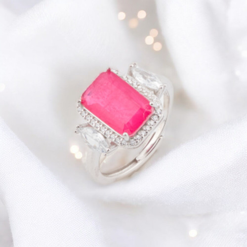 925 Silver Ring with Zirconia and Stones Set Rectangle Zircon Rhodium Ruby