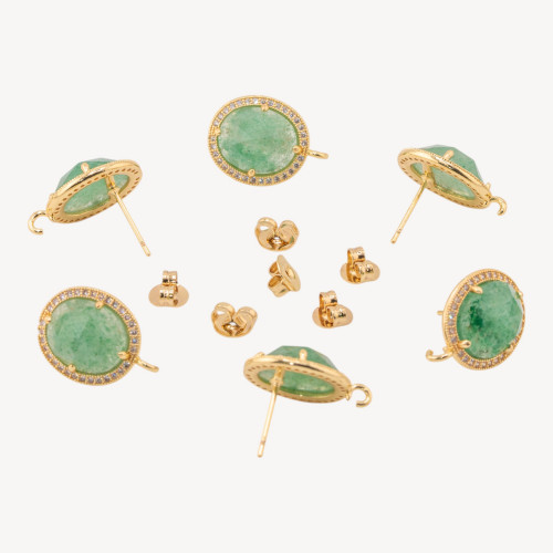 Βάσεις σκουλαρικιών από μπρούντζο με πολύτιμους λίθους και στρας 14x16mm, 3 ζευγάρια, επιχρυσωμένες πράσινες αβεντουρίνες
