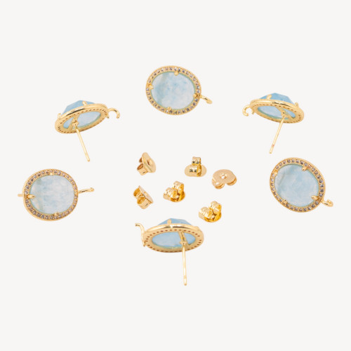 Βάσεις σκουλαρικιών από μπρούντζο με πολύτιμους λίθους και στρας 14x16mm, 3 ζευγάρια, επιχρυσωμένο γαλάζιο χαλαζία