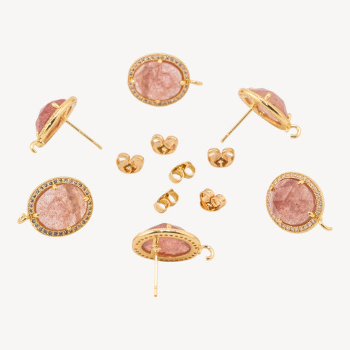 3 paires de boucles d'oreilles à clous en quartz fraise doré, base en bronze avec pierres précieuses et strass, 14 x 16 mm