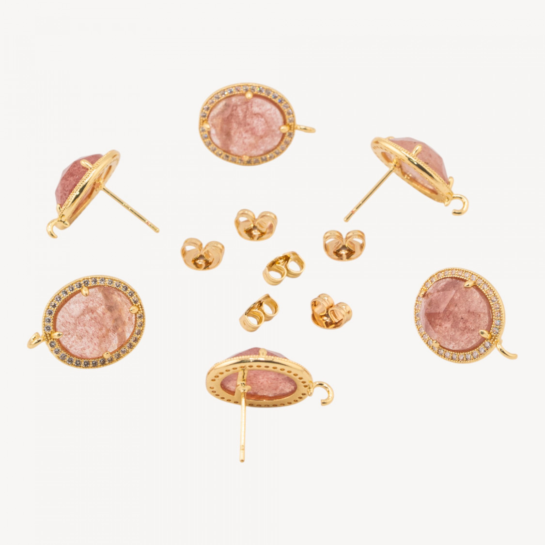 Base Per Orecchini Di Bronzo A Perno Con Pietre Dure E Strass 14x16mm 3 Paia Dorato Quarzo Fragola-BASI PER ORECCHINI CON PIETRE E PERLINE | Worldofjewel.com
