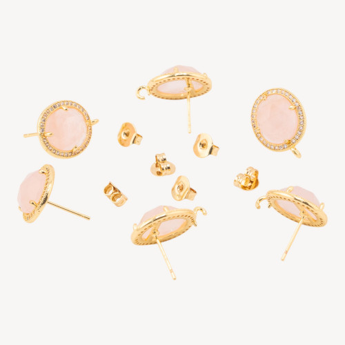 3 paires de fermoirs de boucles d'oreilles en bronze plaqué or, quartz rose, ornés de pierres précieuses et de strass, 14 x 16 m