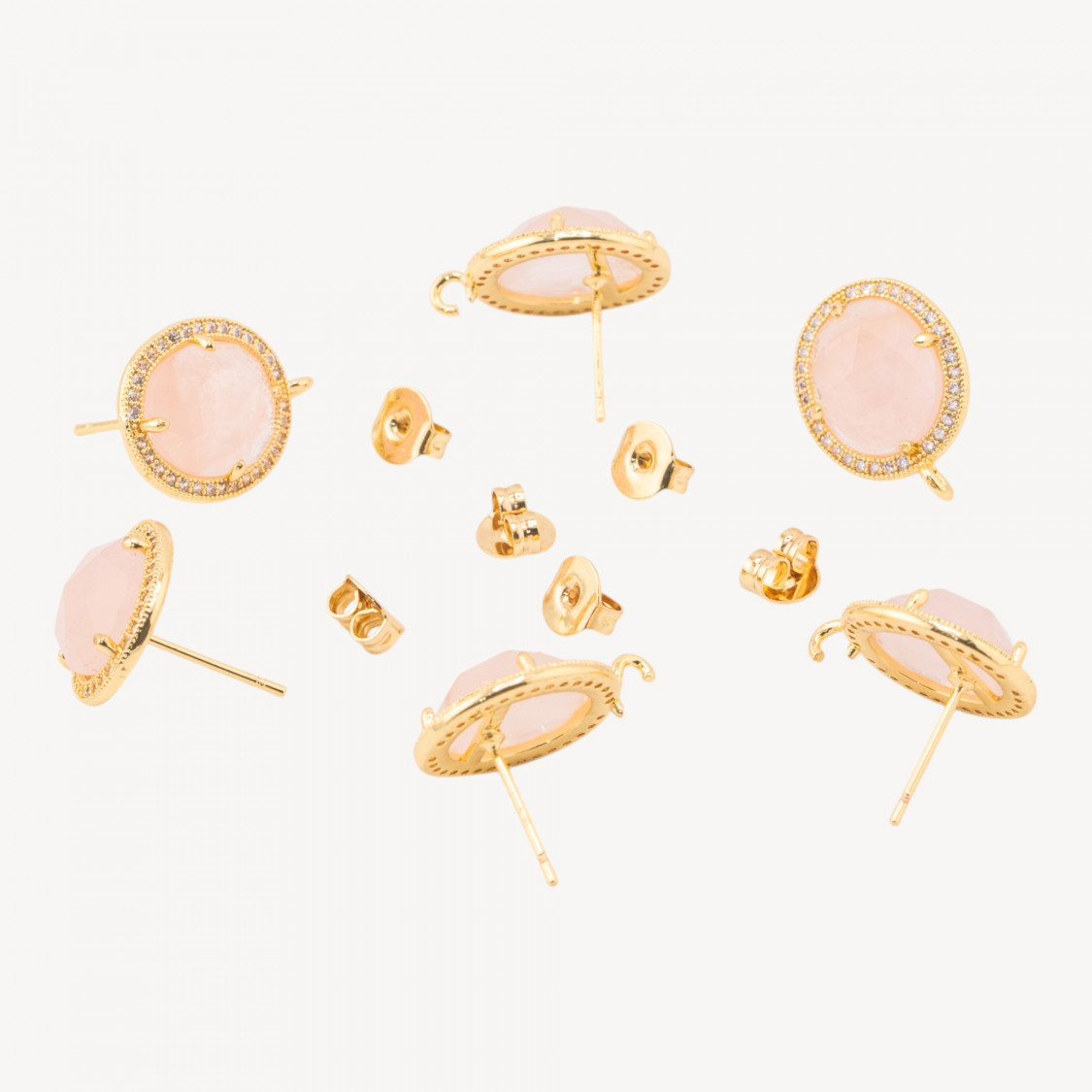 Base Per Orecchini Di Bronzo A Perno Con Pietre Dure E Strass 14x16mm 3 Paia Dorato Quarzo Rosa-BASES DE BOUCLES D'OREILLES AVEC PIERRES ET PERLES | Worldofjewel.com