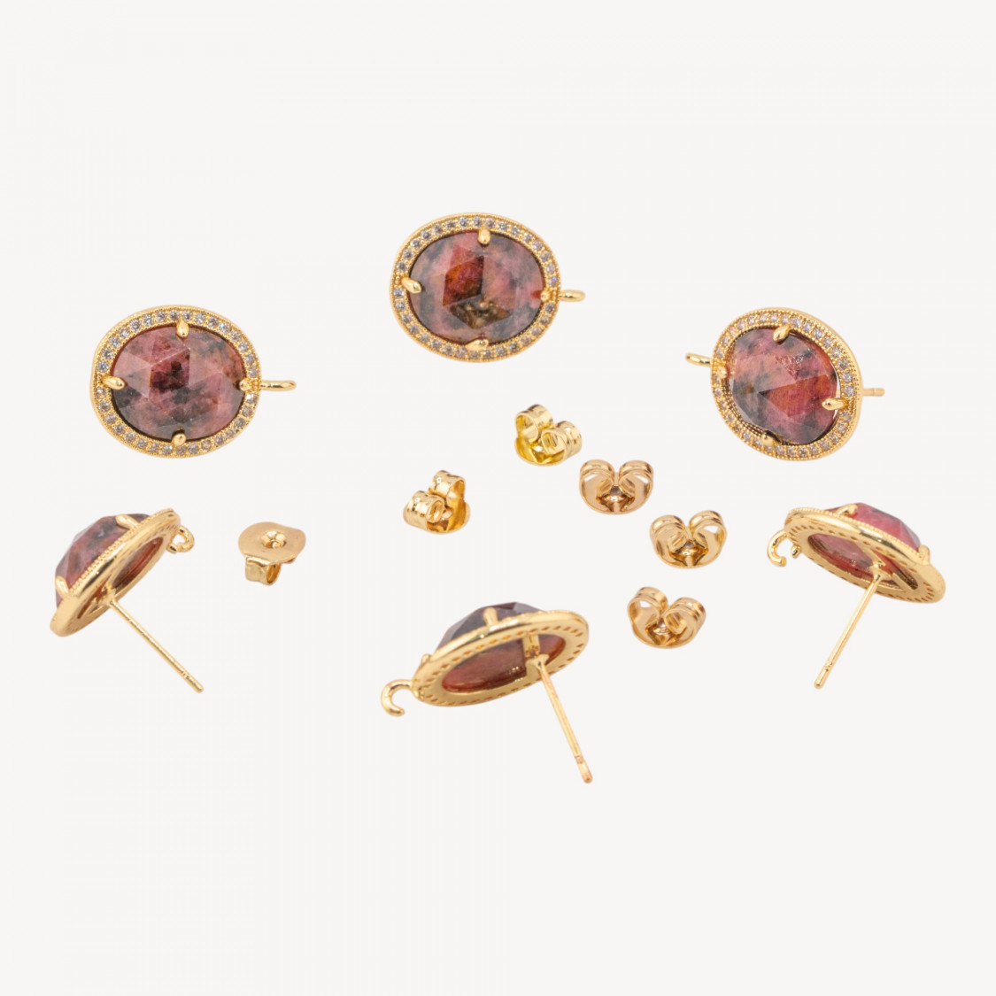Base Per Orecchini Di Bronzo A Perno Con Pietre Dure E Strass 14x16mm 3 Paia Dorato Rodonite-Ohrringbasen mit Steinen und Perlen | Worldofjewel.com