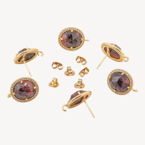 Puces d'oreilles en bronze avec pierres précieuses et strass 14 x 16 mm, 3 paires, plaquées or, rhodonite foncée