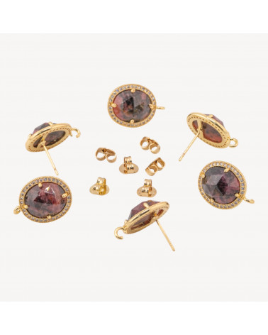 Base Per Orecchini Di Bronzo A Perno Con Pietre Dure E Strass 14x16mm 3 Paia Dorato Rodonite Scuro-BASES DE BOUCLES D'OREILLES AVEC PIERRES ET PERLES | Worldofjewel.com