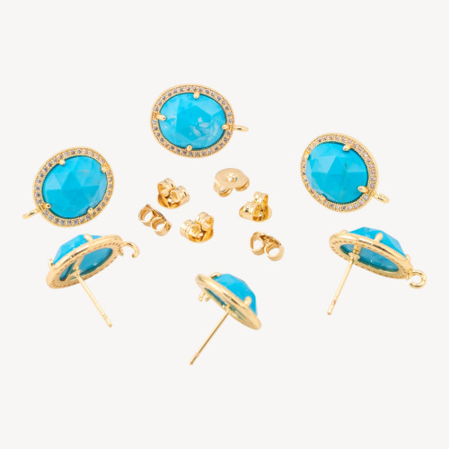 Puces d'oreilles en bronze avec pierres précieuses et strass 14 x 16 mm, 3 paires, or turquoise