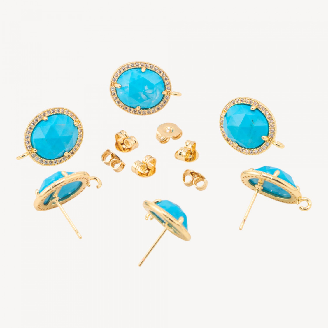 Puces d'oreilles en bronze avec pierres précieuses et strass 14 x 16 mm, 3 paires, or turquoise-BASES DE BOUCLES D'OREILLES AVEC PIERRES ET PERLES | Worldofjewel.com
