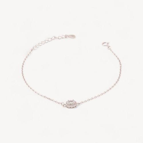 Pulsera de Plata 925 con Centro de Circonita Ovalada 17,5+3cm Baño de Rodio Blanco