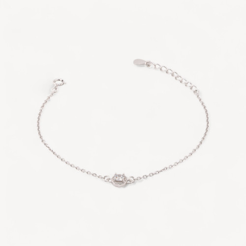 925 Silver Bracelet with Round Zirconia Center 17.5+3cm White Rhodium Plated
