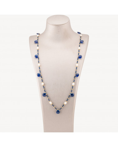 Collana Bijoux Di Cristalli CZ Con Perle Di Fiume Pietre Dure E Ematite 90cm Blu Zaffiro-DESIGN ITALY | Worldofjewel.com