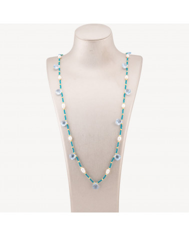 Collana Bijoux Di Cristalli CZ Con Perle Di Fiume Pietre Dure E Ematite 90cm Celeste-DESIGN ITALY | Worldofjewel.com