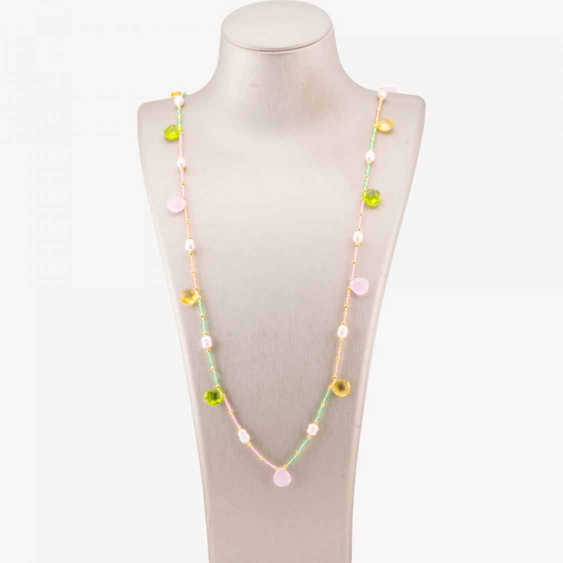Collana Bijoux Di Cristalli CZ Con Perle Di Fiume Pietre Dure E Ematite 90cm Mix Chiaro-DESIGN ITALY | Worldofjewel.com