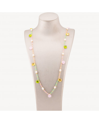 Collana Bijoux Di Cristalli CZ Con Perle Di Fiume Pietre Dure E Ematite 90cm Mix Chiaro-DESIGN ITALY | Worldofjewel.com
