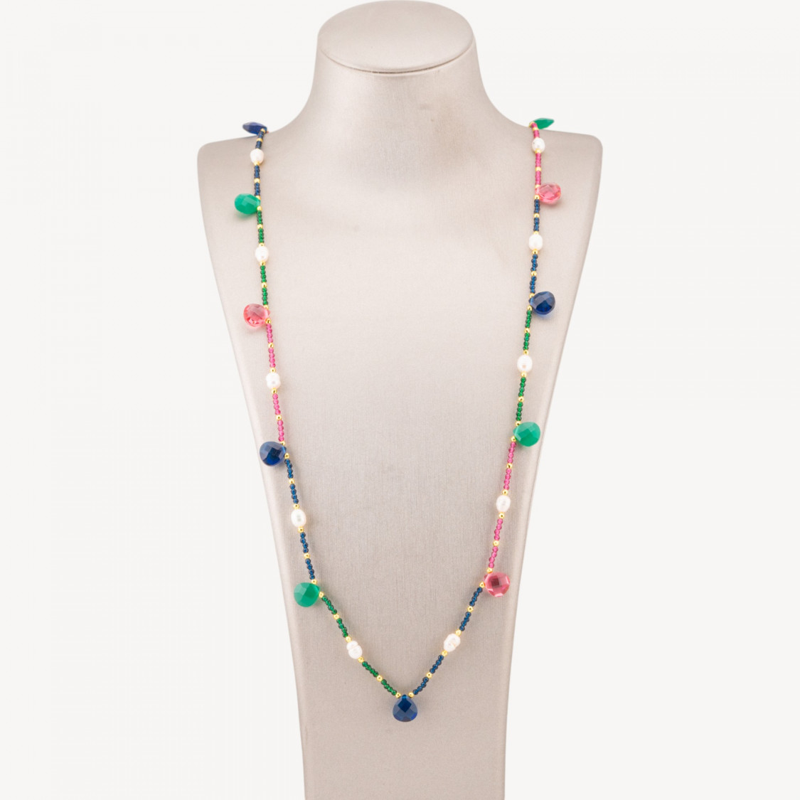 Collana Bijoux Di Cristalli CZ Con Perle Di Fiume Pietre Dure E Ematite 90cm Multicolor-DESIGN ITALY | Worldofjewel.com