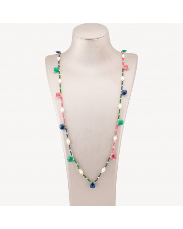 Collana Bijoux Di Cristalli CZ Con Perle Di Fiume Pietre Dure E Ematite 90cm Multicolor-DESIGN ITALY | Worldofjewel.com