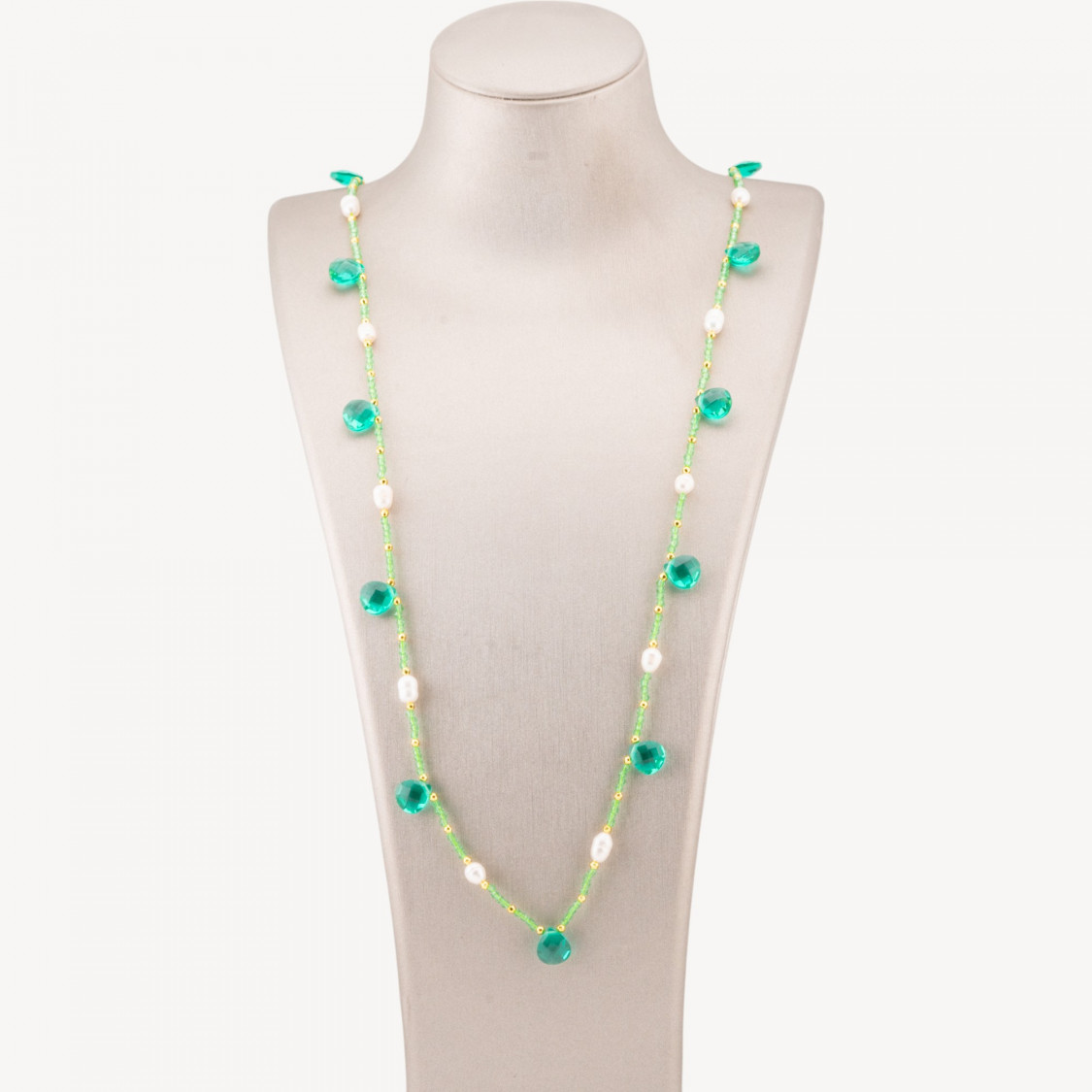 Collana Bijoux Di Cristalli CZ Con Perle Di Fiume Pietre Dure E Ematite 90cm Ottanio-DESIGN ITALY | Worldofjewel.com