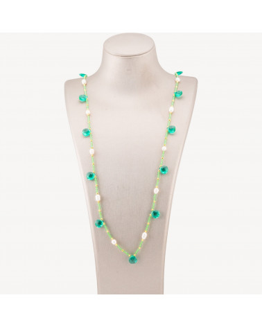 Collana Bijoux Di Cristalli CZ Con Perle Di Fiume Pietre Dure E Ematite 90cm Ottanio-DESIGN ITALY | Worldofjewel.com