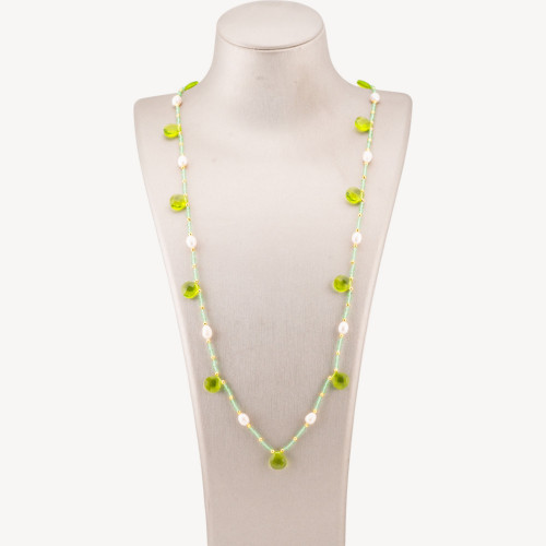 Collar de bisutería de cristal CZ con perlas de río, piedras preciosas y hematita de 90 cm de peridoto