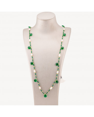 Collana Bijoux Di Cristalli CZ Con Perle Di Fiume Pietre Dure E Ematite 90cm Smeraldo-DESIGN ITALY | Worldofjewel.com