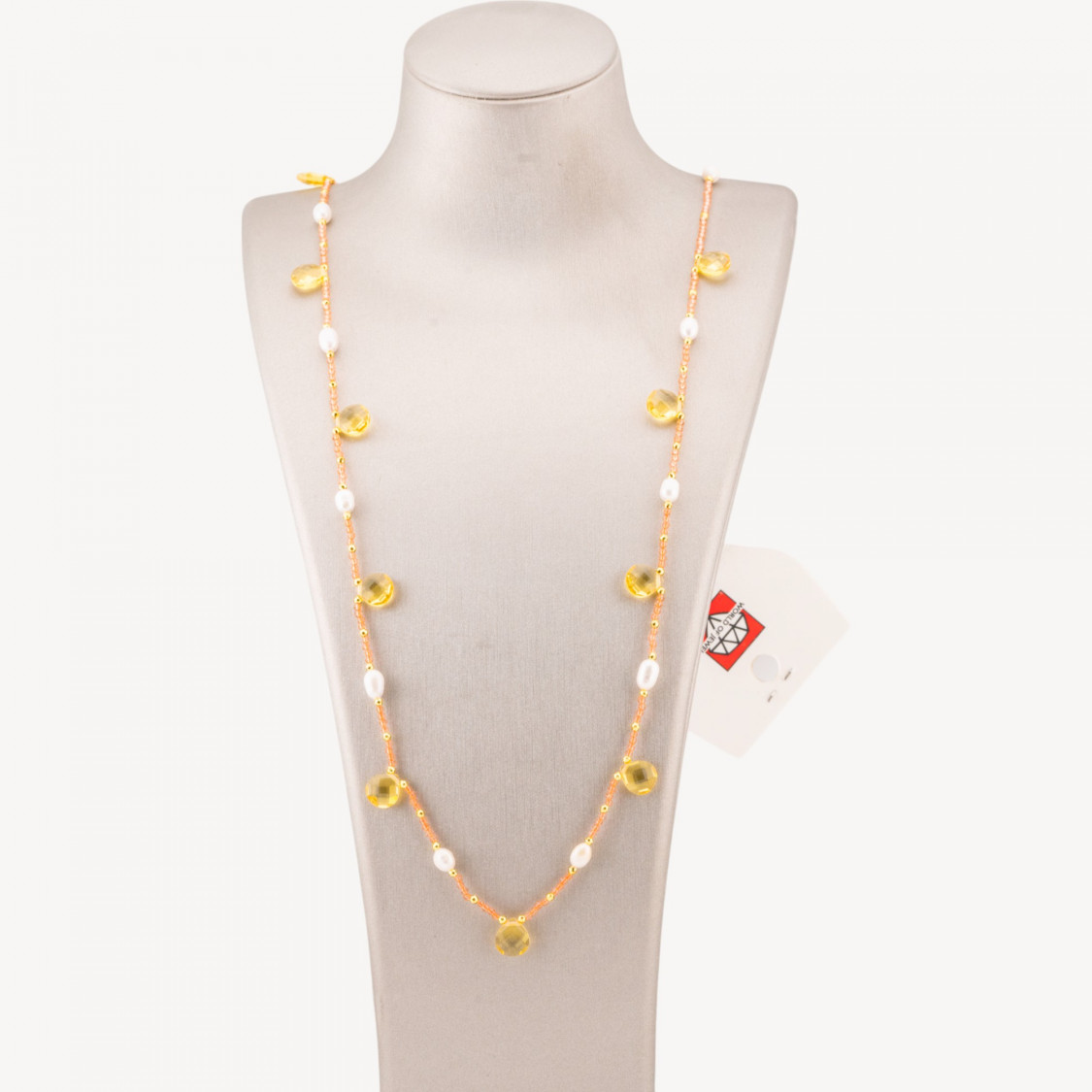 Collana Bijoux Di Cristalli CZ Con Perle Di Fiume Pietre Dure E Ematite 90cm Topazio Giallo-DESIGN ITALY | Worldofjewel.com