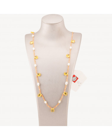 Collana Bijoux Di Cristalli CZ Con Perle Di Fiume Pietre Dure E Ematite 90cm Topazio Giallo-DESIGN ITALY | Worldofjewel.com