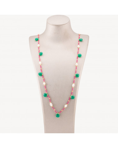 Collana Bijoux Di Cristalli CZ Con Perle Di Fiume Pietre Dure E Ematite 90cm Verde Rosso-DESIGN ITALY | Worldofjewel.com