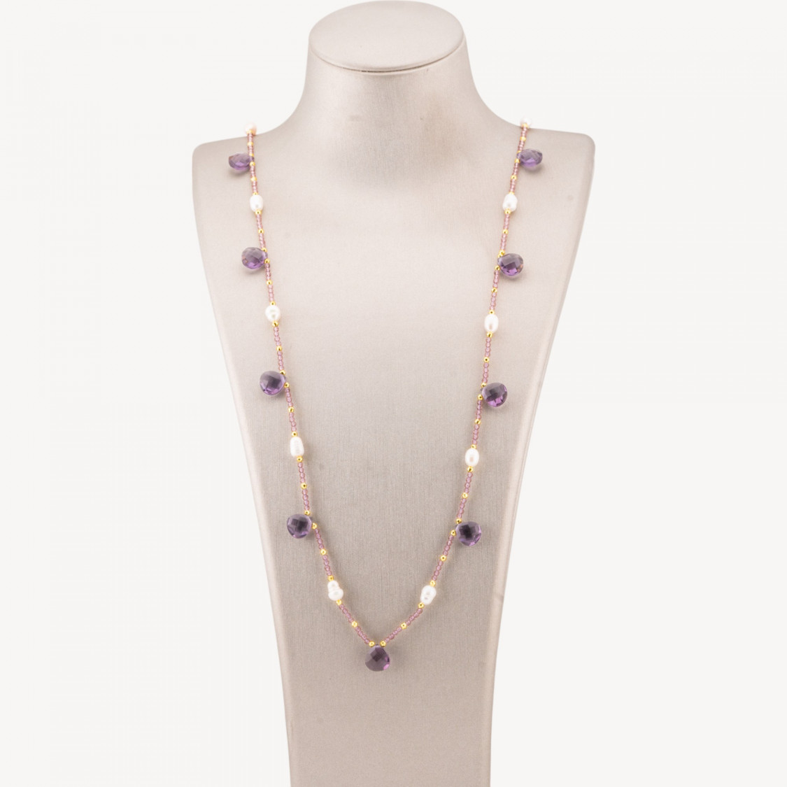 Collana Bijoux Di Cristalli CZ Con Perle Di Fiume Pietre Dure E Ematite 90cm Viola-DESIGN ITALY | Worldofjewel.com