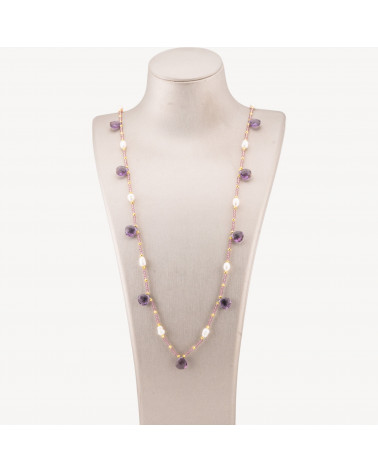 Collana Bijoux Di Cristalli CZ Con Perle Di Fiume Pietre Dure E Ematite 90cm Viola-DESIGN ITALY | Worldofjewel.com