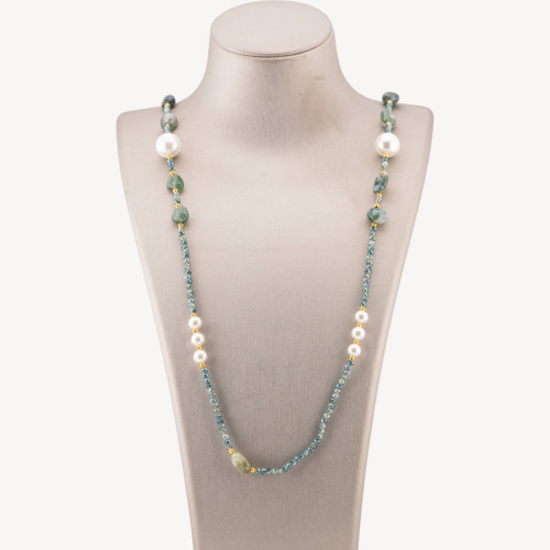 CZ Crystal Bijoux Necklace with Mallorca Pearls, Hard Stones and Hematite, 90cm, Moss Agate