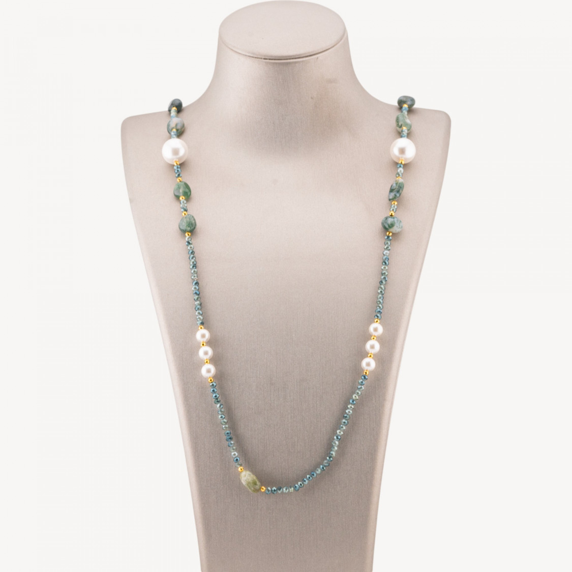CZ Crystal Bijoux Necklace with Mallorca Pearls, Hard Stones and Hematite, 90cm, Moss Agate-DESIGN ITALY | Worldofjewel.com
