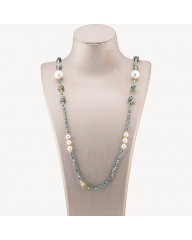 Collana Bijoux Di Cristalli CZ Con Perle Di Maiorca Pietre Dure E Ematite 90cm Agata Muschiata-DESIGN ITALY | Worldofjewel.com