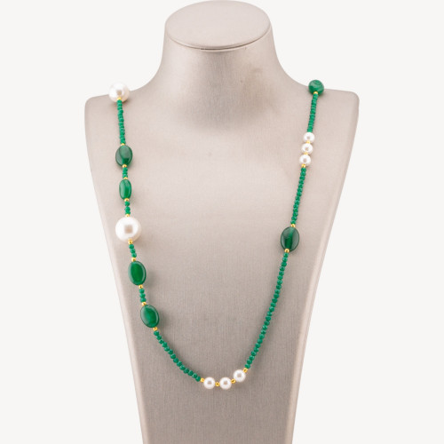 Collier en cristal CZ avec pierres semi-précieuses et perles de Majorque orné d'hématite, 90 cm