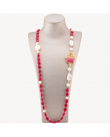 Collana Bijoux Di Pietre Dure Burattate Con Perle Di Fiume Barocche e Centrale Di Bronzo e Occhio Di Gatto 90cm Rosso Chiaro-DESIGN ITALY | Worldofjewel.com