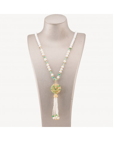 Collana Bijoux Di Pietre Dure Con Perla Di Maiorca e Centrale Di Bronzo Filigrana E Nappine 90cm Dorato Agata Verde-DISEÑO ITALIA | Worldofjewel.com