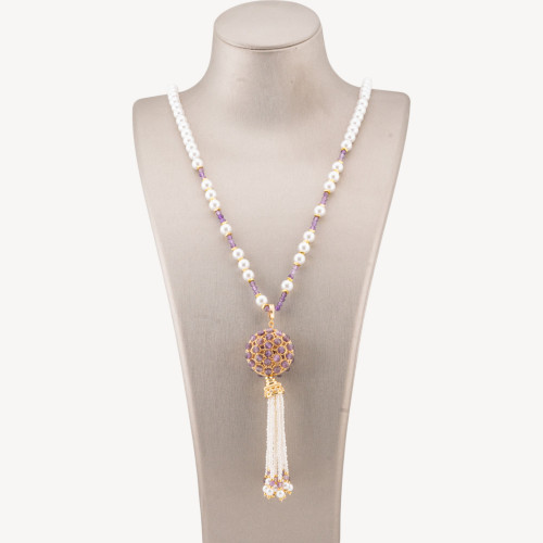 Semi-precious Stone Jewelry Necklace with Majorcan Pearl and Bronze Filigree Centerpiece and Tassels 90cm Gold Amethyst