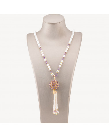Collana Bijoux Di Pietre Dure Con Perla Di Maiorca e Centrale Di Bronzo Filigrana E Nappine 90cm Dorato Ametista-CONCEPTION ITALIE | Worldofjewel.com