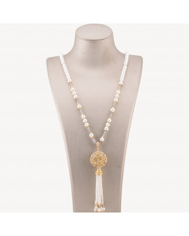 Collana Bijoux Di Pietre Dure Con Perla Di Maiorca e Centrale Di Bronzo Filigrana E Nappine 90cm Dorato Grigio-CONCEPTION ITALIE | Worldofjewel.com