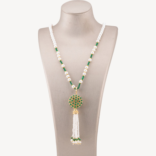 Semi-precious Stone Jewelry Necklace with Majorcan Pearl and Bronze Filigree Centerpiece and Tassels 90cm Gold Malachite Paste