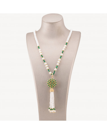Collana Bijoux Di Pietre Dure Con Perla Di Maiorca e Centrale Di Bronzo Filigrana E Nappine 90cm Dorato Pasta Di Malachite-CONCEPTION ITALIE | Worldofjewel.com