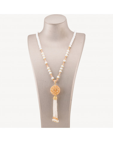 Collana Bijoux Di Pietre Dure Con Perla Di Maiorca e Centrale Di Bronzo Filigrana E Nappine 90cm Dorato Pietra Di Luna Rosa-CONCEPTION ITALIE | Worldofjewel.com