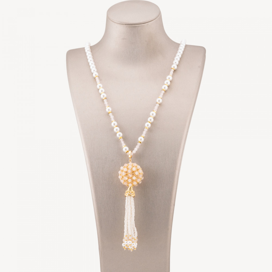 Halbedelstein-Halskette mit mallorquinischer Perle, filigranem Bronze-Mittelteil und Quasten, 90 cm, vergoldet, Rosenquarz-GESTALTEN SIE ITALIEN | Worldofjewel.com