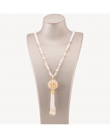 Collana Bijoux Di Pietre Dure Con Perla Di Maiorca e Centrale Di Bronzo Filigrana E Nappine 90cm Dorato Quarzo Rosa-DISEÑO ITALIA | Worldofjewel.com