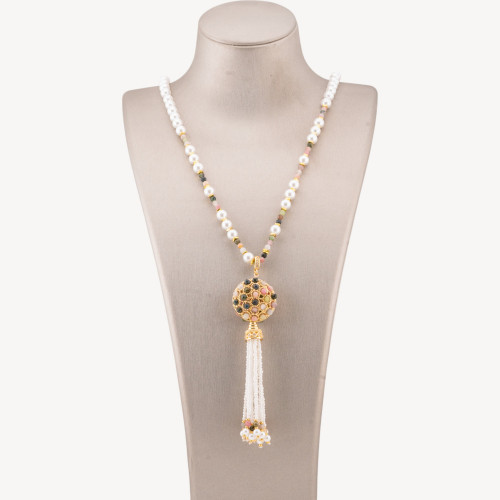 Semi-precious Stone Bijoux Necklace with Majorcan Pearl and Bronze Filigree Center and Tassels 90cm Gold Tourmaline