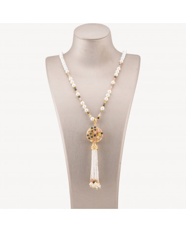 Collana Bijoux Di Pietre Dure Con Perla Di Maiorca e Centrale Di Bronzo Filigrana E Nappine 90cm Dorato Tormalina-CONCEPTION ITALIE | Worldofjewel.com