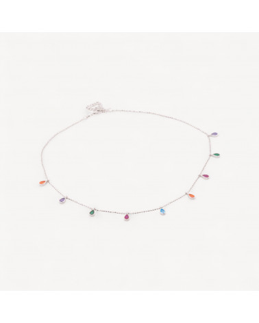Collana In Argento 925 Con Catena Diamantata E Zirconi A Goccia Multicolor 38+5cm Rodiato-COLLIERS EN ARGENT 925 | Worldofjewel.com