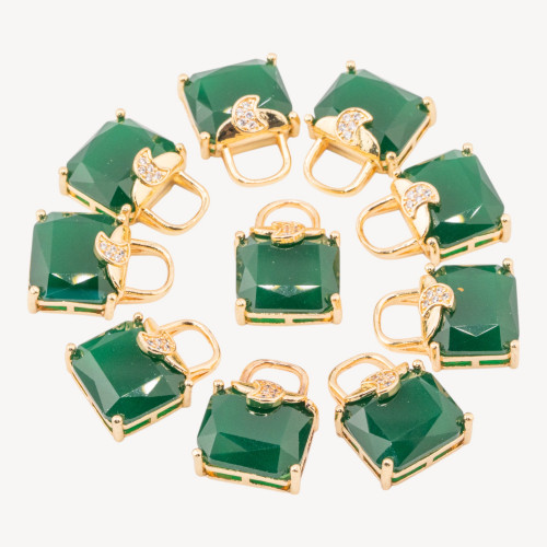 Lot de 10 pendentifs en bronze avec zircone facettée (15 x 20 mm) et 1 anneau de jonction vert.