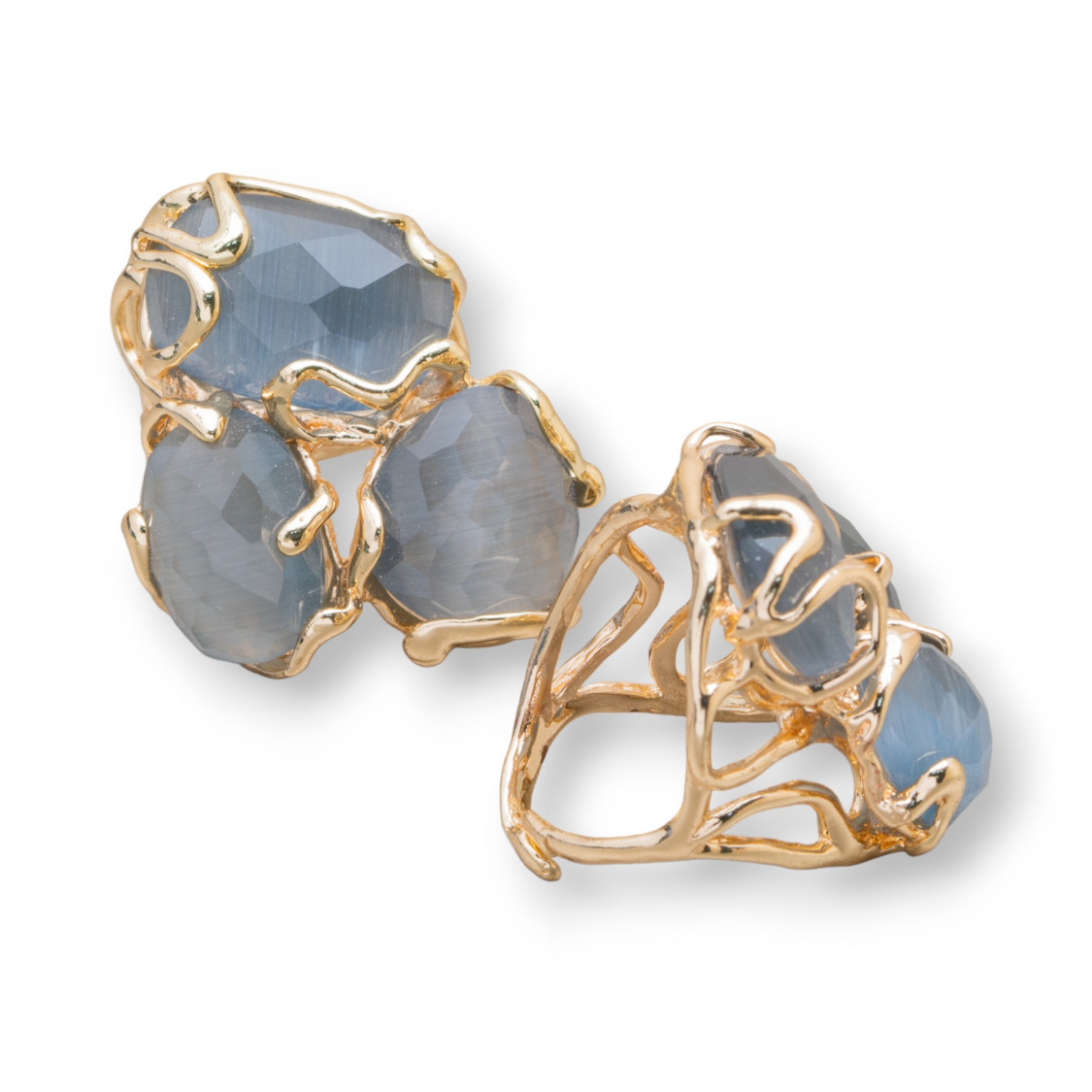 Anello Regolabile in Bronzo Dorato Collezione AURORA con Occhio Di Gatto Grigio MOD76 | Gioiello Artigianale Donna 32x36mm-ANELLI BIJOUX DONNA AURORA BEST SELLER | Worldofjewel.com